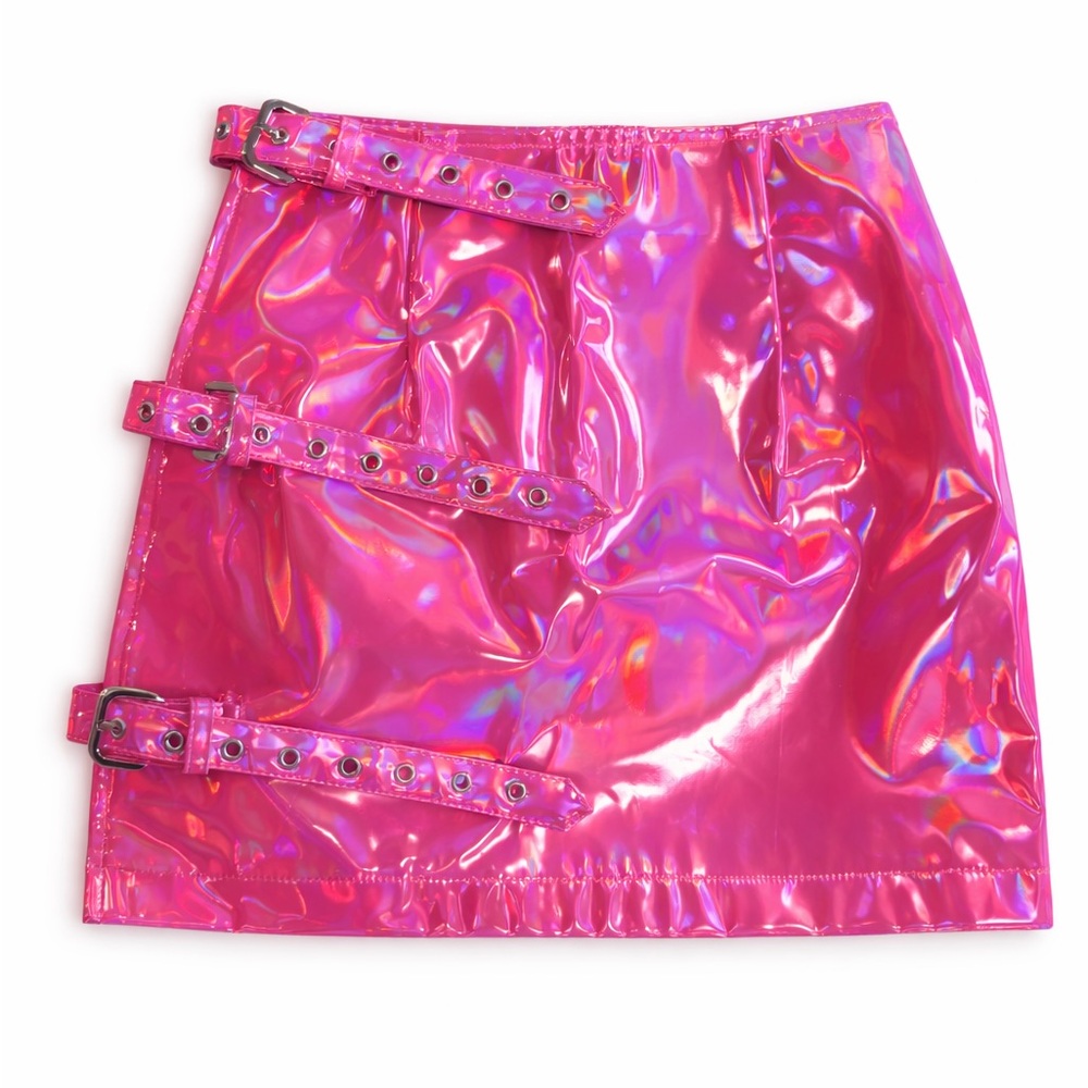 Vibrant Holographic Pink Mini Skirt with Buckle Accents